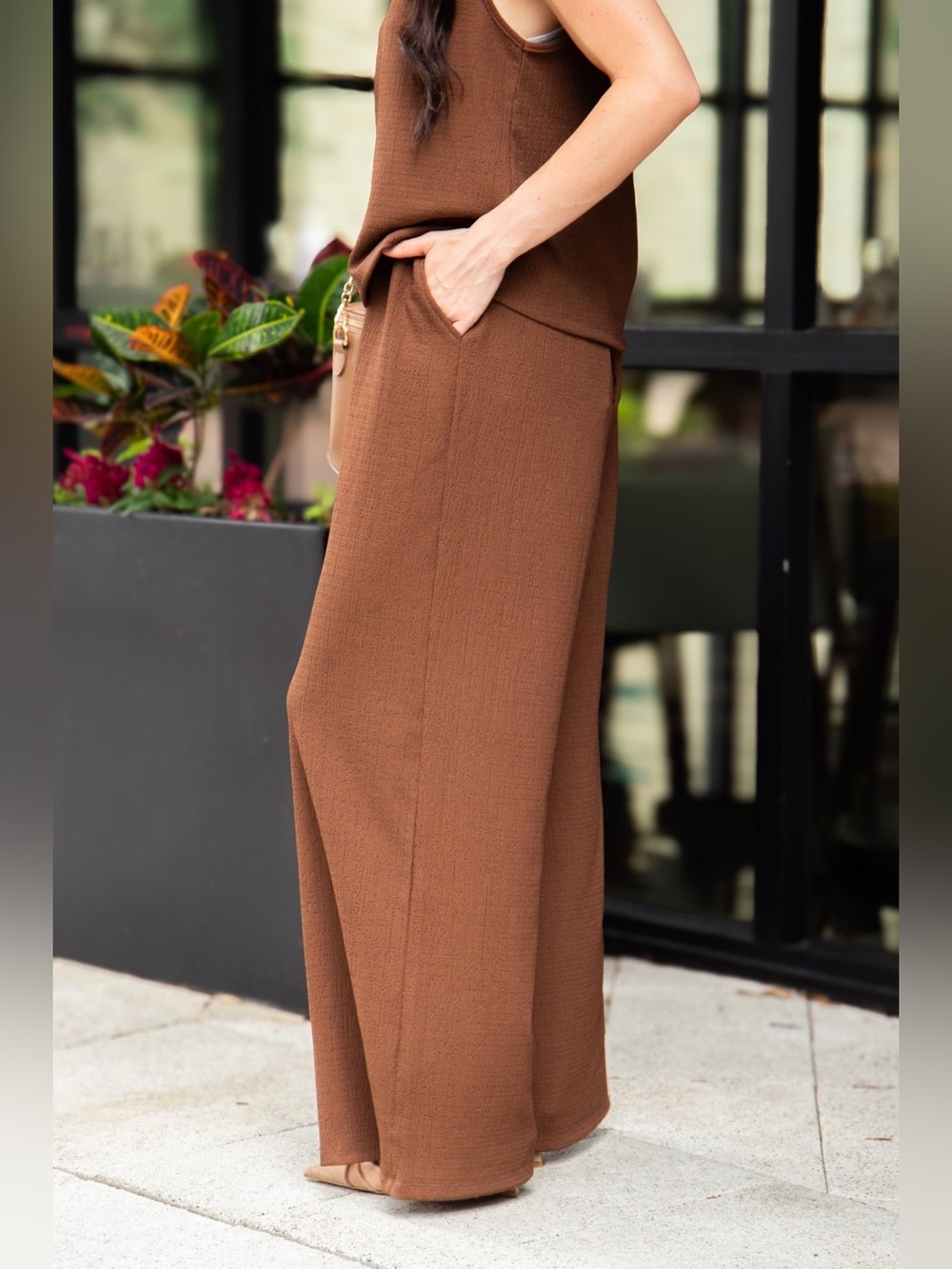NWT Grace & Emma Textured Knit Earhart Wide Leg Pull On Pants in Chocolate - Picture 2 of 7